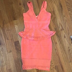 Coral Bandage Dress with Peplum